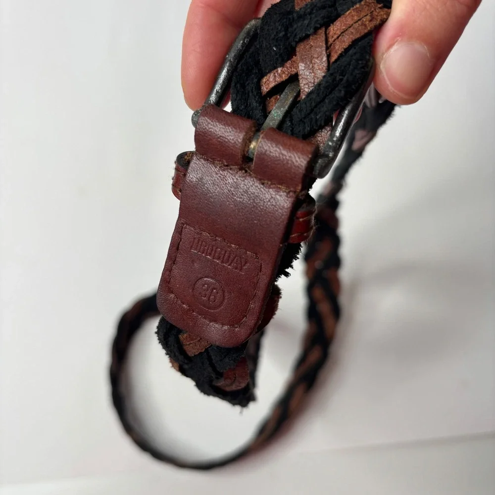 Vintage Braided Leather Belt Brown Black Two Tone Woven Brass Buckle Size 36